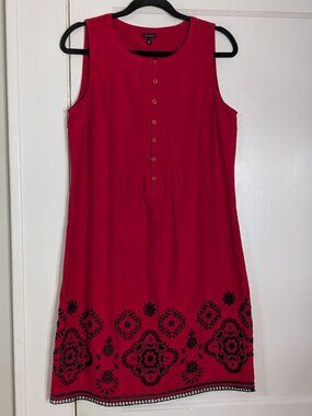 Talbots Women's 6 Red Embroidered Hem Lined Midi Dress Linen Sleeveless Summer